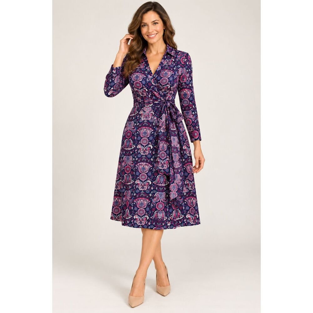 Talbots Women L Navy Blue Pink Paisley Floral Wrap Dress L Sleeve Tie Waist #22